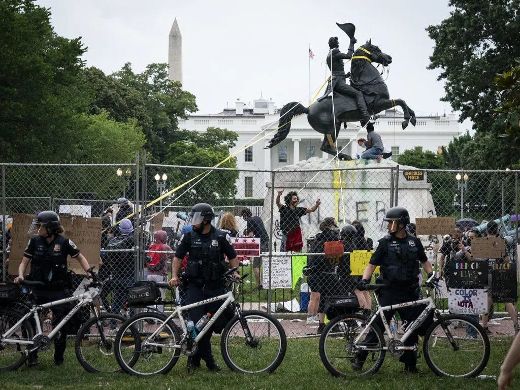 Protesters attempting to pull down the statue of Andrew Jackson in Lafayette Square near the White House.