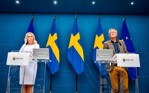 Anders gives a press briefing during the pandemic with Lena Hallengren, Sweden's then minister for health and social affairs 