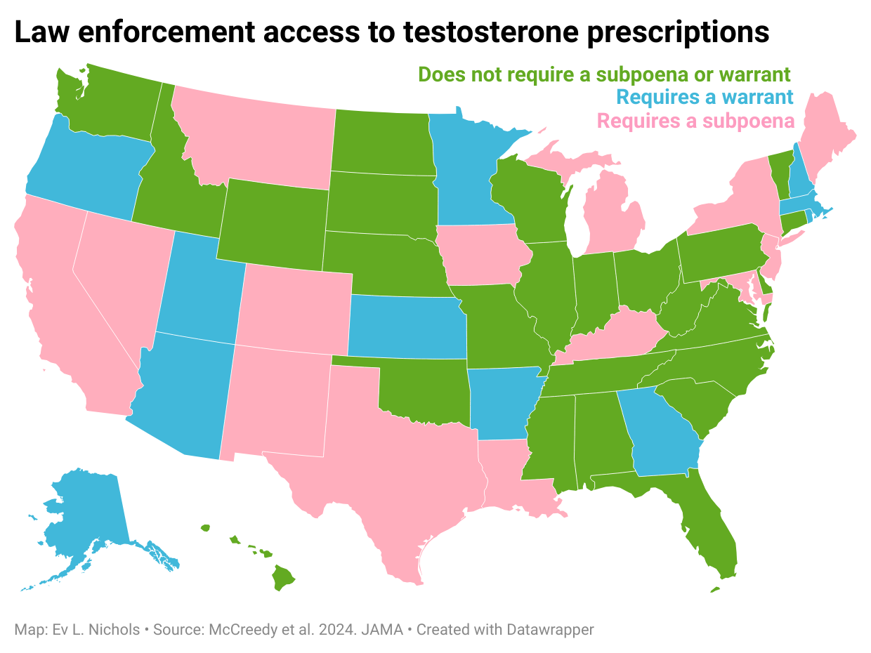 map of the united states. each state is colored coded according to it's policies around law enforcement's access to testosterone prescriptions