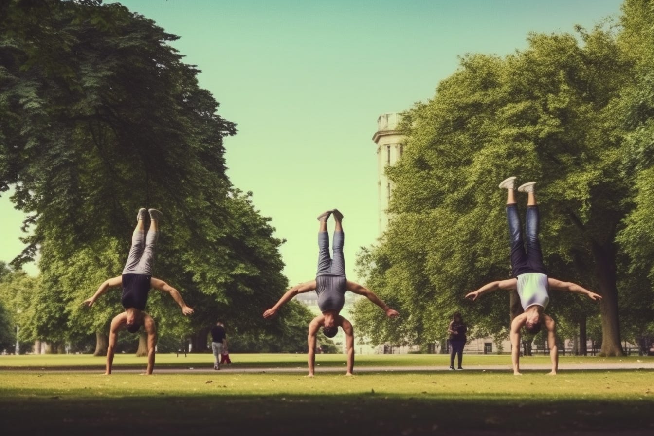 Three people doing handstands in the park. They each have two sets of arms.
