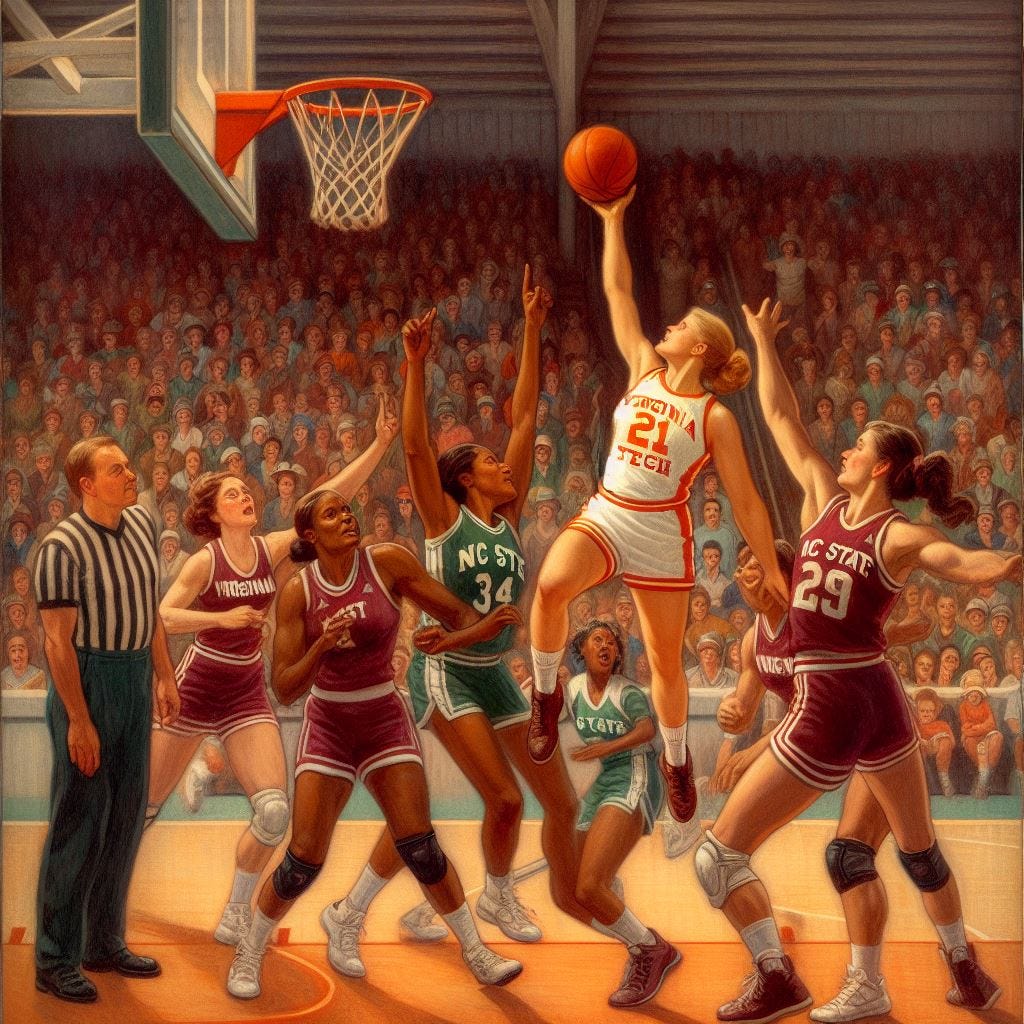 A women's basketball game between Virginia Tech and NC State, in the style of Winslow Homer