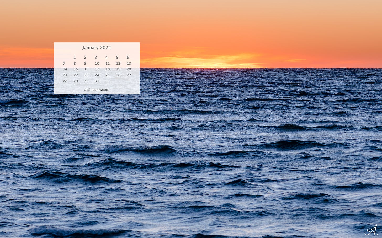 Choppy blue water with a blue sunset sky above. A white box with a January 2024 calendar is in the upper left corner.