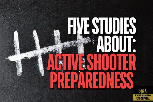 "Five Studies About: active shooter preparedness" appears in the foreground. The background is a blackboard with five thick tally marks written in chalk.