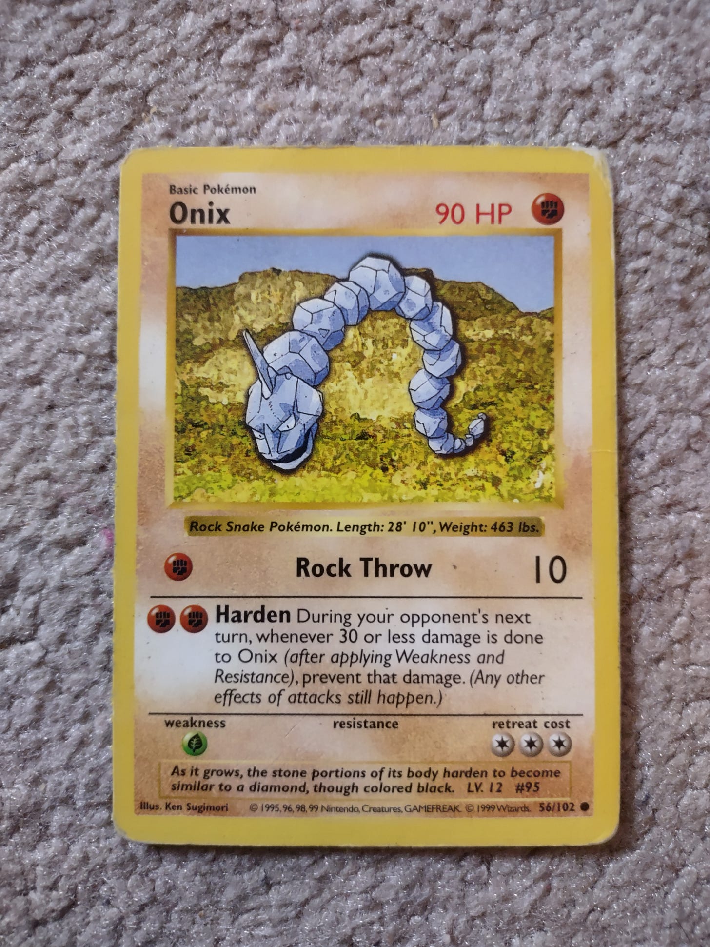 Richard sent over a photograph of his first Pokémon trading card: Base set Onix!