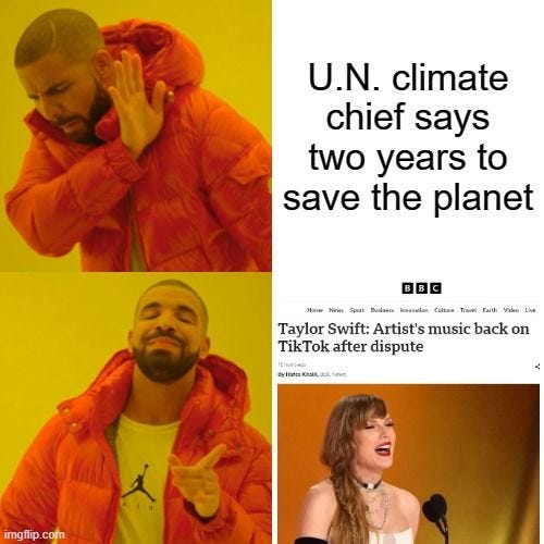 Drake meme - U.N. climate chief says two years to save the planet vs BBC News