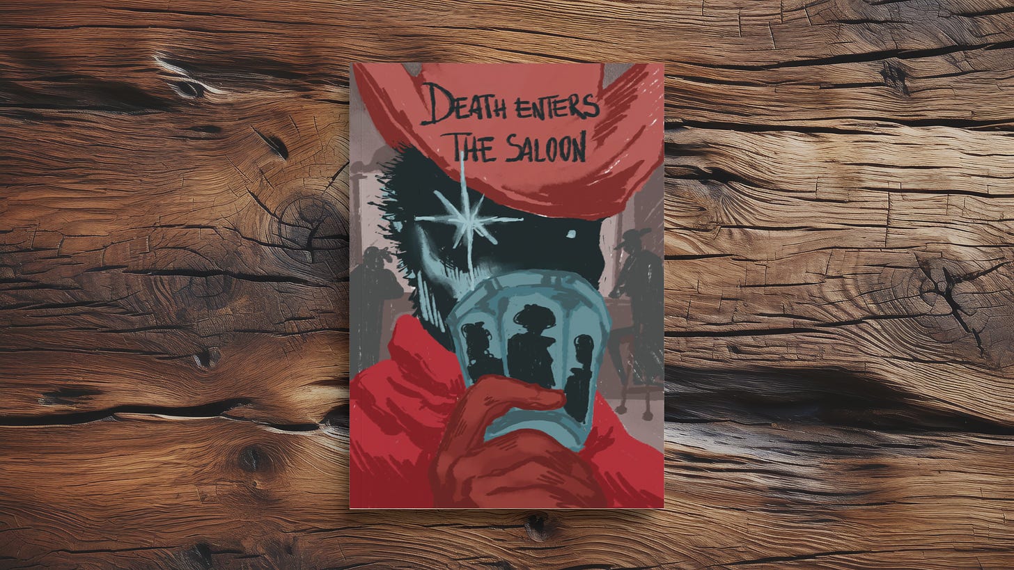 Bozzetto della copertina di Morte nel Saloon su Kickstarter.