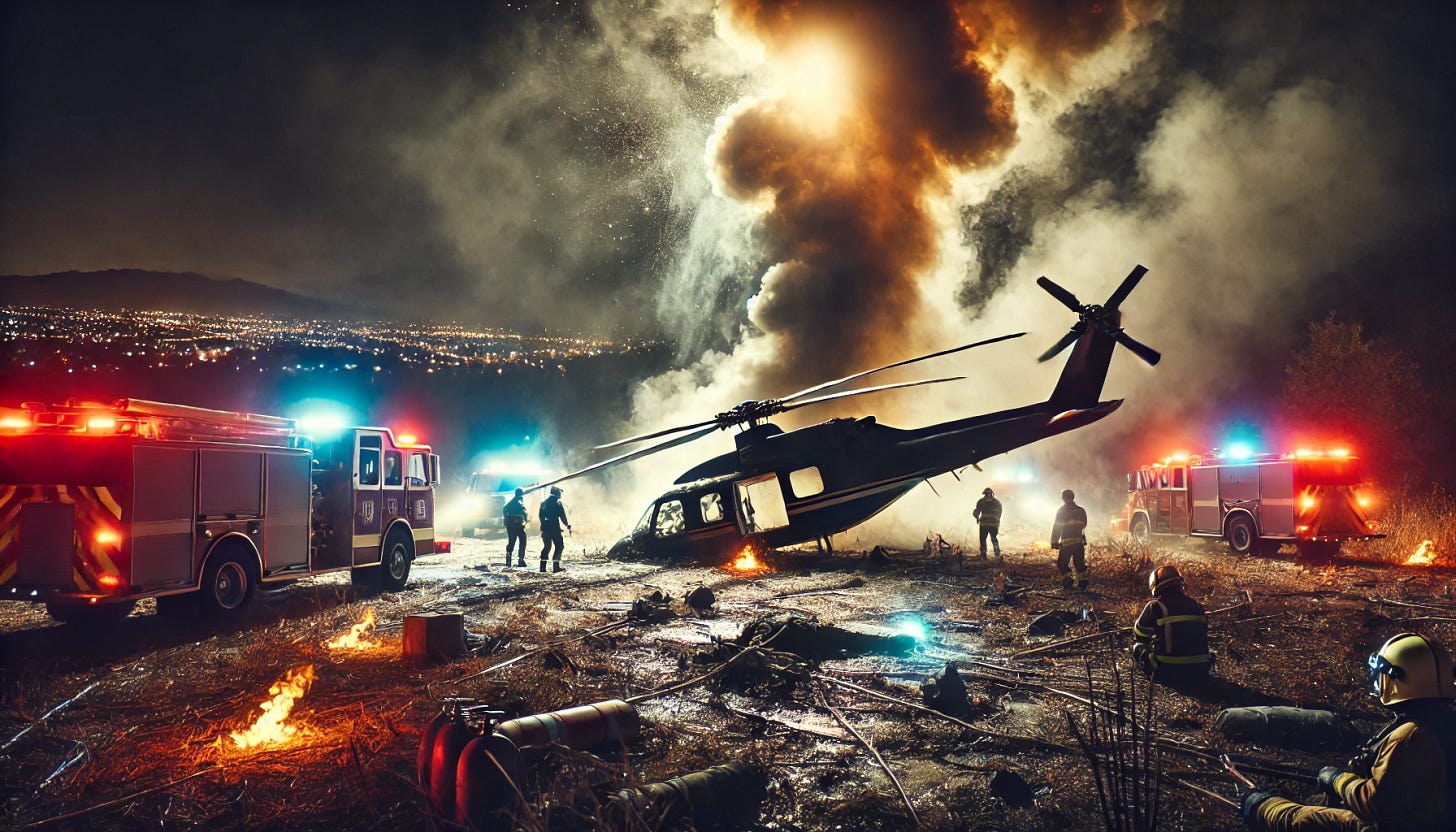 A dramatic scene of a helicopter crash site with emergency responders under flashing lights, smoke rising into the night sky. Debris is scattered across the area, and the damaged aircraft is partially visible. The atmosphere is tense, with a dark sky and distant city lights in the background.