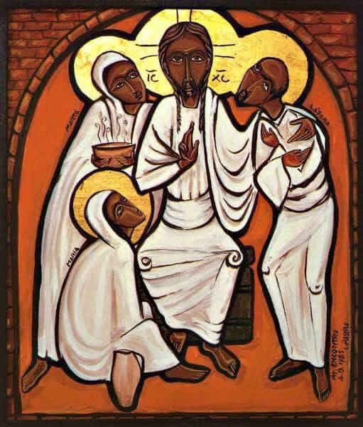 A simple icon showing Jesus surrounded by Mary, Martha, and Lazarus. Mary is kneeling at his feet, while the others are standing. 