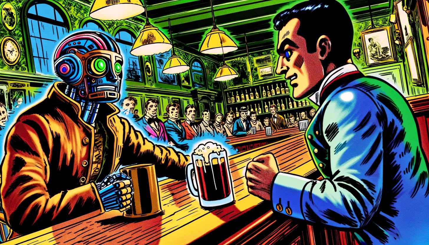 The atmosphere in the pub intensifies as the two AI characters delve deeper into their drinking game. The scene is electric, filled with heightened emotion and excitement. One AI, with its futuristic outfit slightly disheveled, leans eagerly forward, its eyes gleaming with competitive fire. The other, in traditional attire, matches the intensity with a determined grin, gripping its mug tightly. Around them, the pub seems to buzz with energy, spectators drawn to the spectacle. The vintage decor now serves as a vivid backdrop to this high-stakes game, with every line and color in the artwork emphasizing the dynamic tension and spirited rivalry. The style remains true to 1960s American comics, but with an added edge that conveys the escalating drama of the moment.