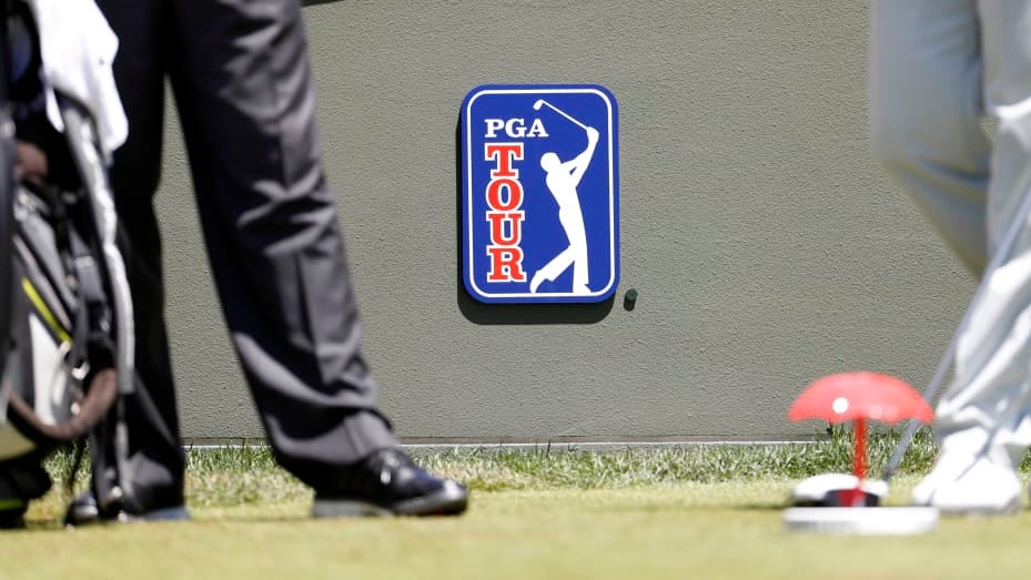 The PGA Tour logo is seen during the third round of the Travelers Championship at TPC River Highlands in Cromwell, Connecticut, on June 24, 2017.