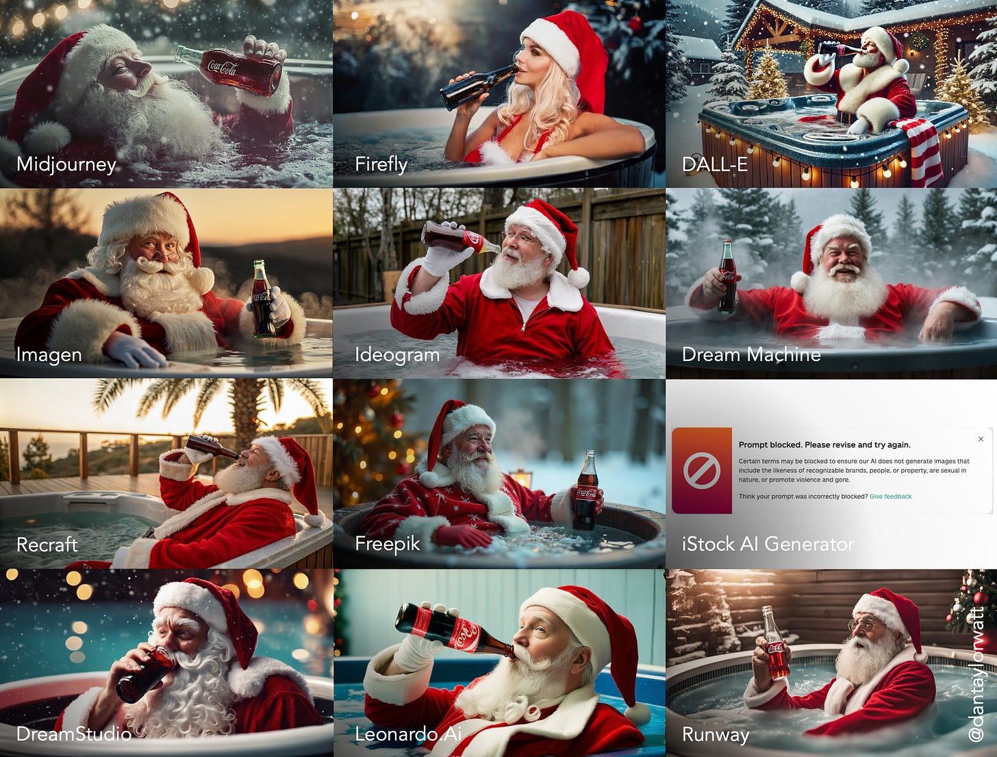 Santa Claus in a hot tub drinking from a glass Coke bottle