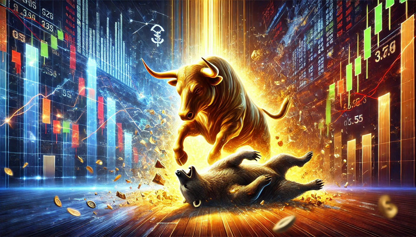 An artistic and striking representation of a bull triumphing over a bear in a metaphorical financial battle. The bull is depicted as strong, golden, and radiant, charging upward on a glowing path made of stock market charts with rising lines and financial symbols. The bear is portrayed as crumbling and shadowy, lying defeated beneath the bull, with fragments breaking away to symbolize the decline of bearish strategies. The background features a bustling stock market with vibrant colors and dynamic light effects, evoking optimism and progress.