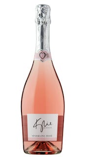 A bottle of rose fizz on a plain white background. The label has the brand of KYLIE - written in a signature style handwriting. The label is white and has the smaller word of Minogue written underneath. Under that, it says Sparkling `Rose, Alcohol Free.