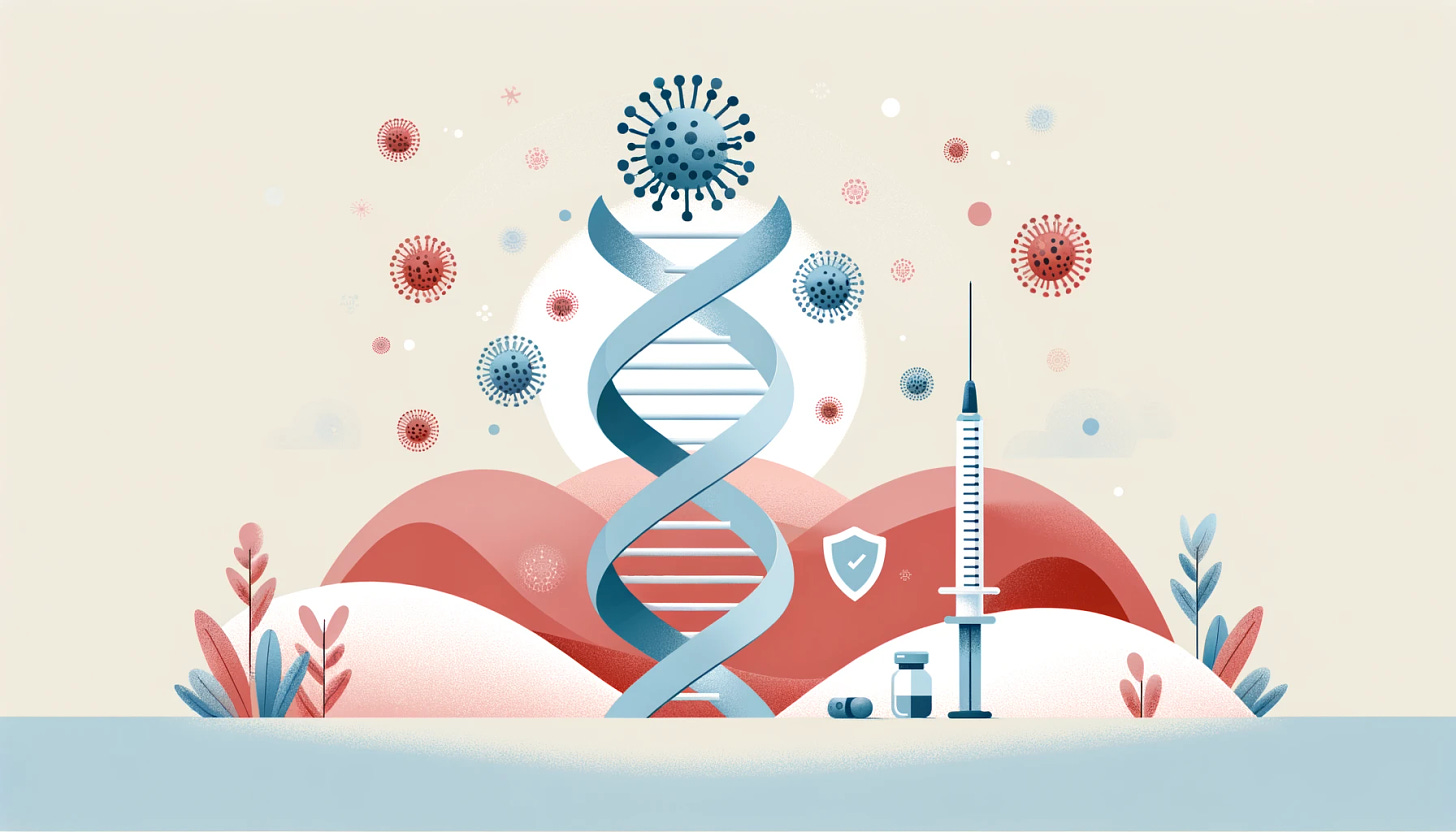 A minimalistic landscape design illustrating the genetics of immune response to viral infections in children, with a right-handed DNA strand. The image should include simple, abstract representations of DNA, immune cells, and a stylized virus. Additionally, incorporate elements symbolizing vaccinations, such as a syringe or a shield, to represent the concept of immunization. The design should maintain a clean and straightforward style with a limited color palette, emphasizing the themes of genetics, immune response, and vaccination.
