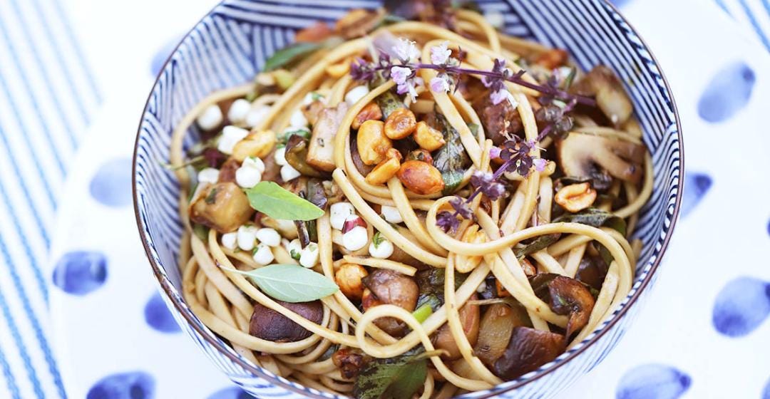 Stir-Fried Eggplant, Corn, and Peanuts with Noodles, Cook the Vineyard