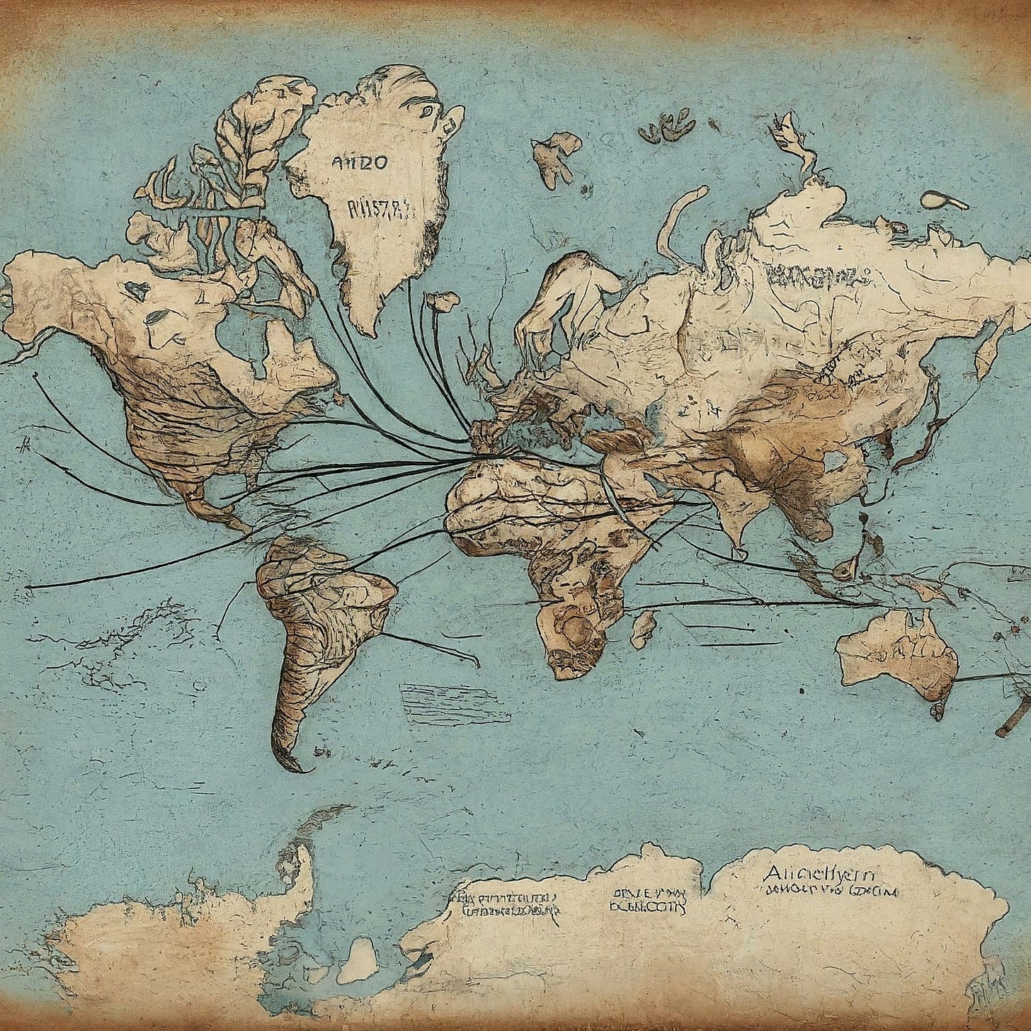 An AI-drawn map of the world showing submarine cables stretching between continents