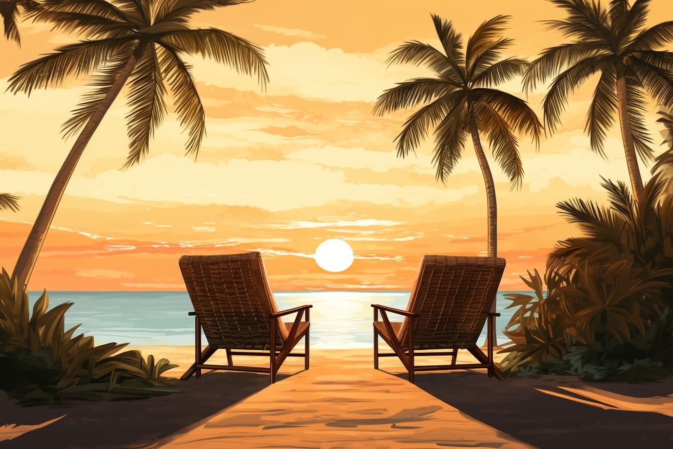 graphic novel illustration of two lounge chairs on the sandy beach at sunset