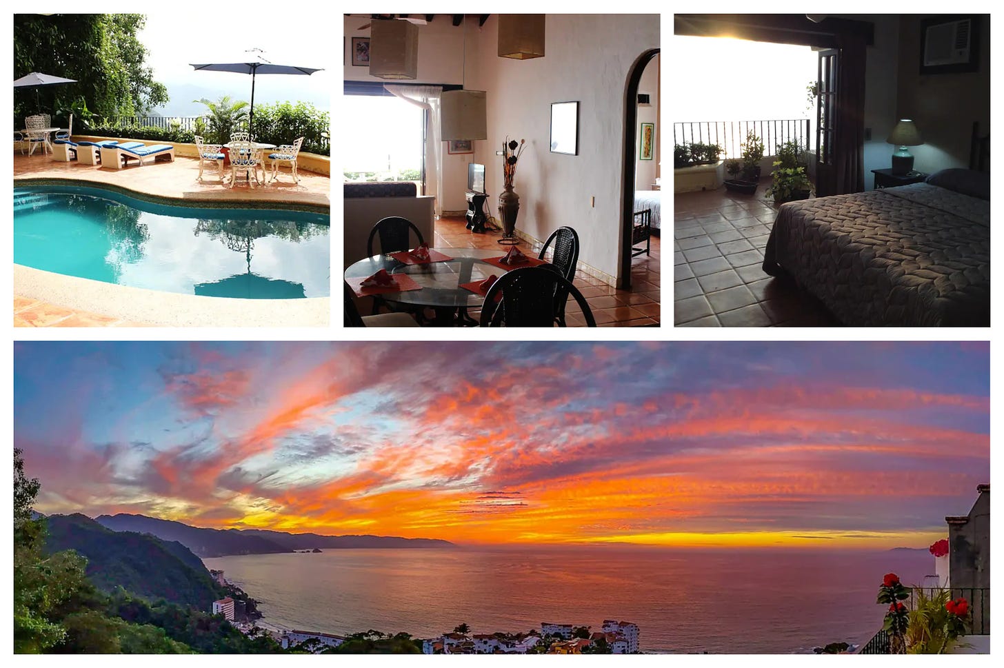 Four photos of our Airbnb in Puerto Vallarta including a picture of the pool, one of the living room, one of the bedroom, and a large photo of a very colorful pink, orange and purple sunset, as seen from our deck. 