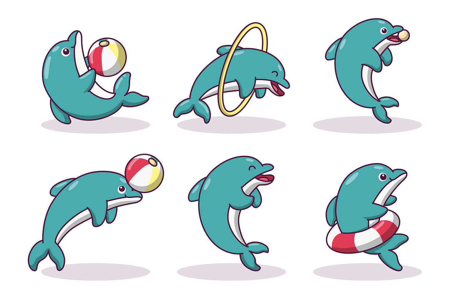 6 cartoon dolphins at play, much like endorphins relieving stress.
