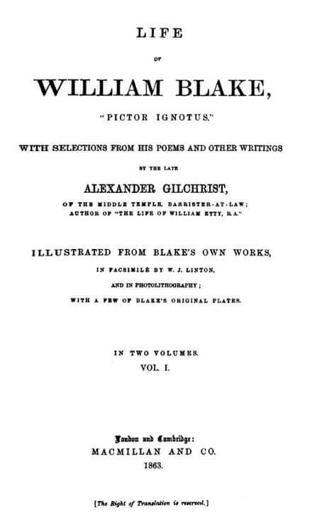 Title page of Gilchrist's Life of William Blake - Pictor Ignotus.