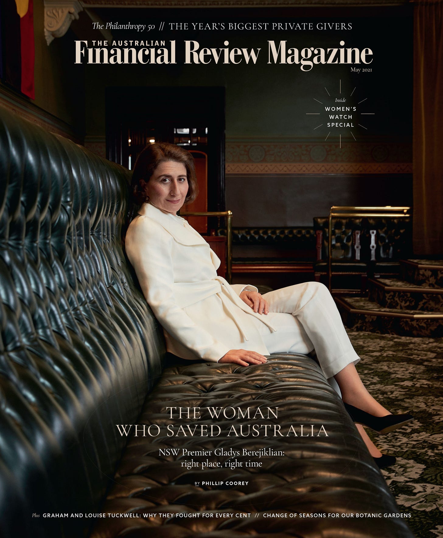 AFR Magazine on X: "Out today inside the @FinancialReview – our May  magazine, the Philanthropy issue. On the cover is NSW Premier Gladys  Berejiklian, photographed by @louiedouvis and interviewed by  @PhillipCoorey. https://t.co/0pOKK4TQOi