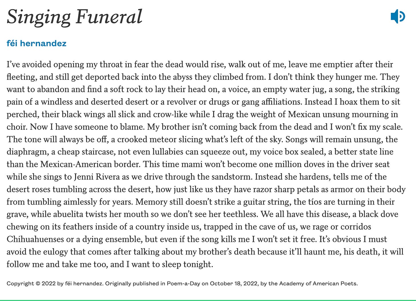 Screenshot of Fei Hernandez's prose poem "Singing Funeral" from poets.org. The poem features rich imagery and explores themes of loss, memory, and identity through a narrative about a funeral. Hernandez uses lyrical language, vivid descriptions, and a mix of short and long sentences to convey the complexity of mourning and resilience.