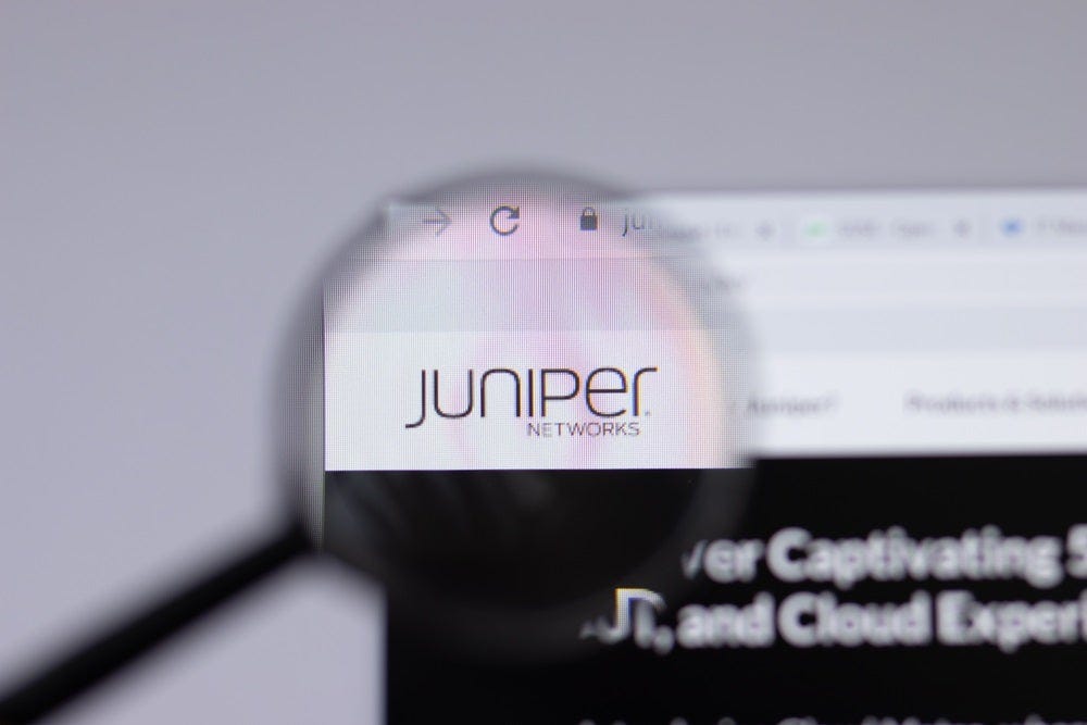 A close-up of the logo of Juniper Networks, used to illustrate a story about the firm's acquisition by HPE.