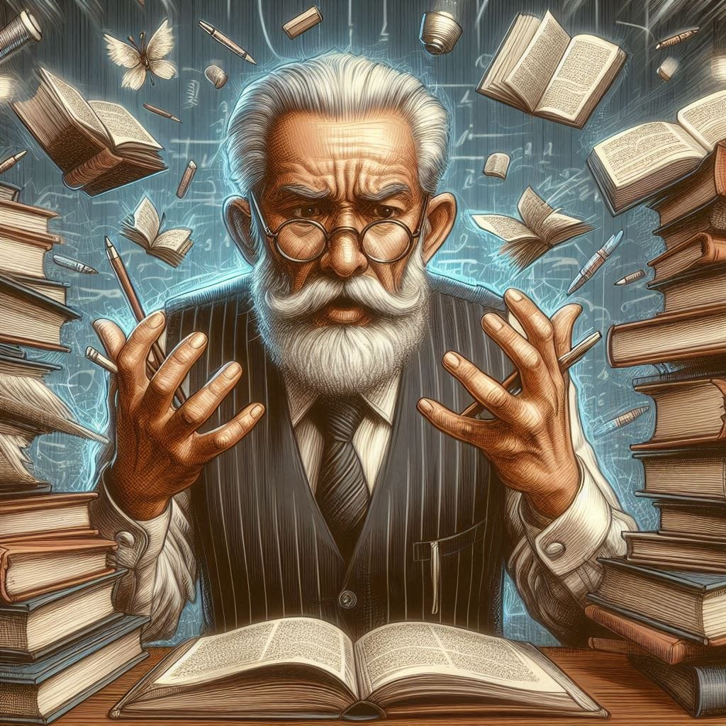 hispanic elder male history professor who is frantically looking through books, digital drawing