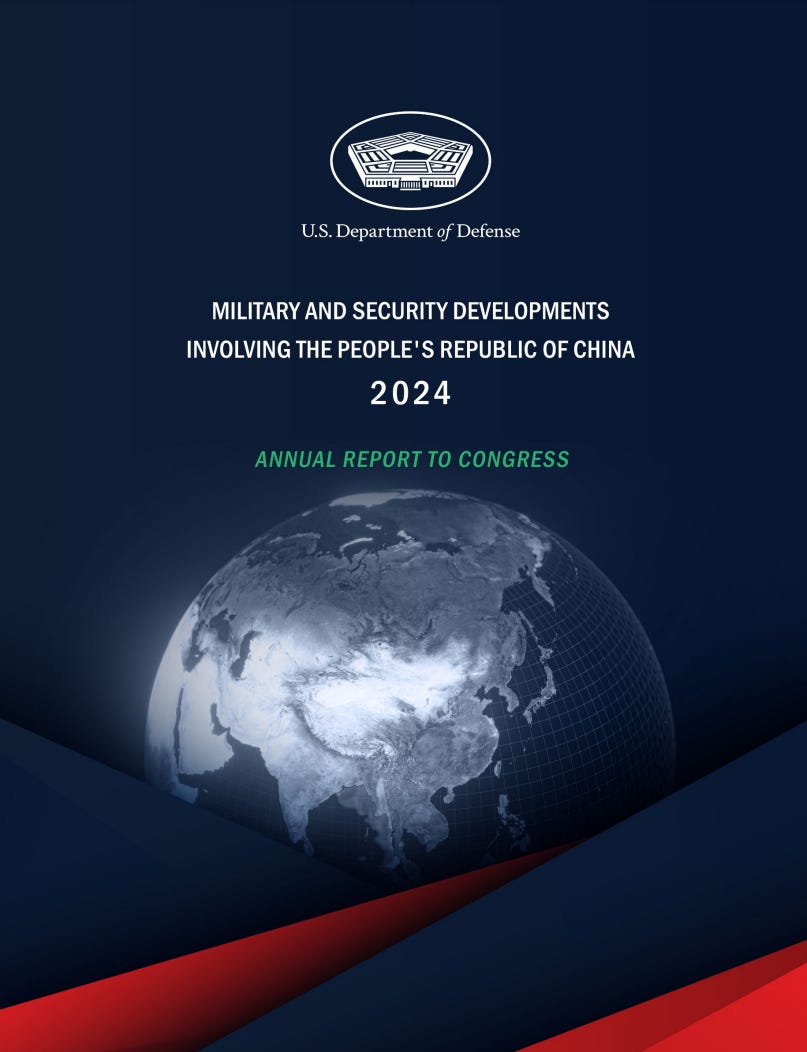 Cover of the DoD Military and Security Developments Involving the People's Republic of China 2024 report. The cover image is a navy-black background with the globe centered low and the pentagon logo in the top center with the report's name centered in the text.