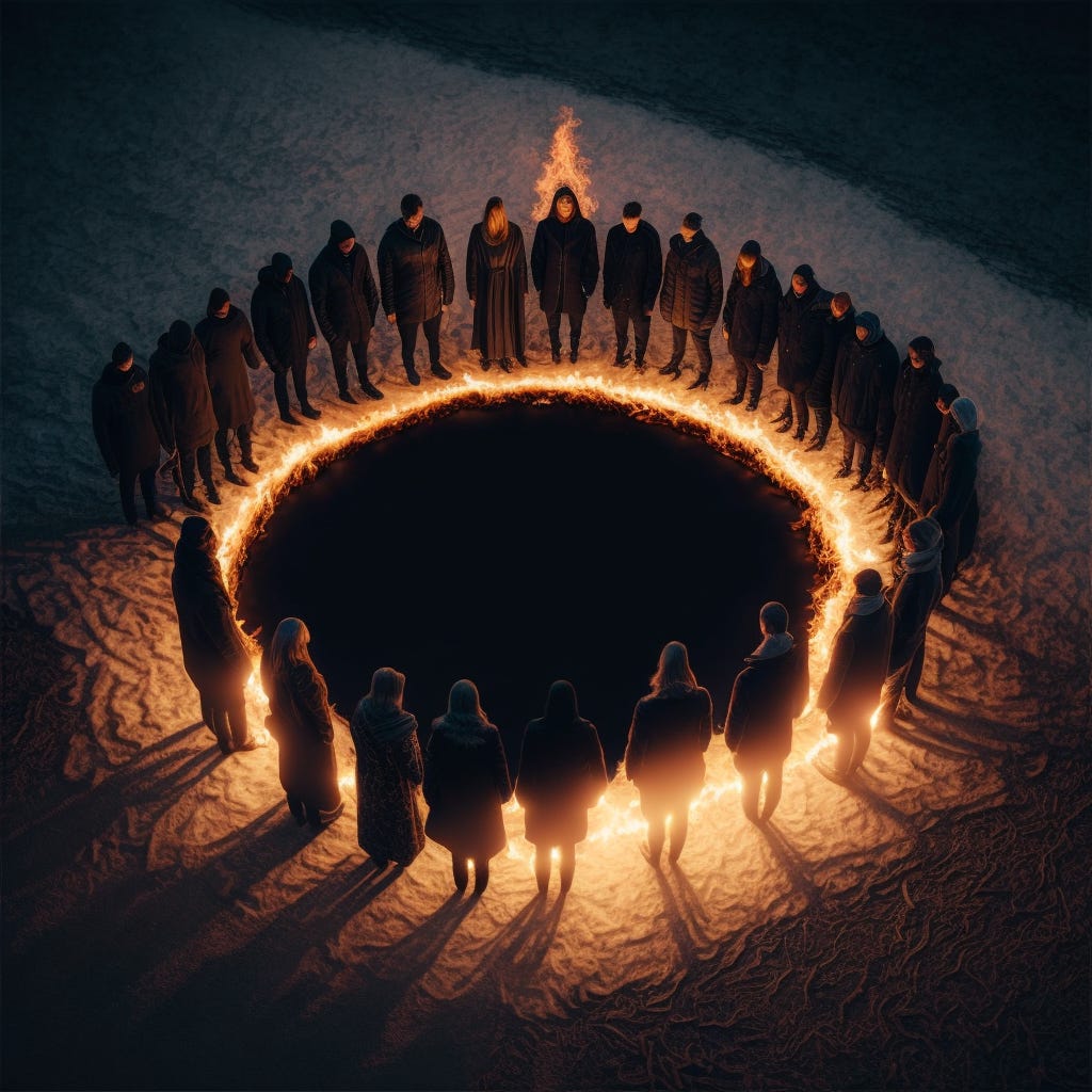 ultra realistic, ultra deatailed photo realism, cult of 12 people standing in a circle around a fire, channeling a hyperdimentional demon spirit +8k+4k