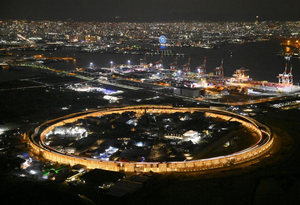 2025 Osaka Expo centerpiece &quot;Grand Ring&quot; lit up for first time