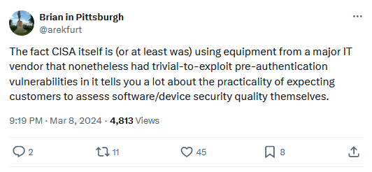Tweet from Brian in Pittsburgh, describing how lost customers are in assessing the vulnerability of hardware and software.  This includes CISA, which was running Ivanti VPN devices with a trivial pre-authentication vulnerability.