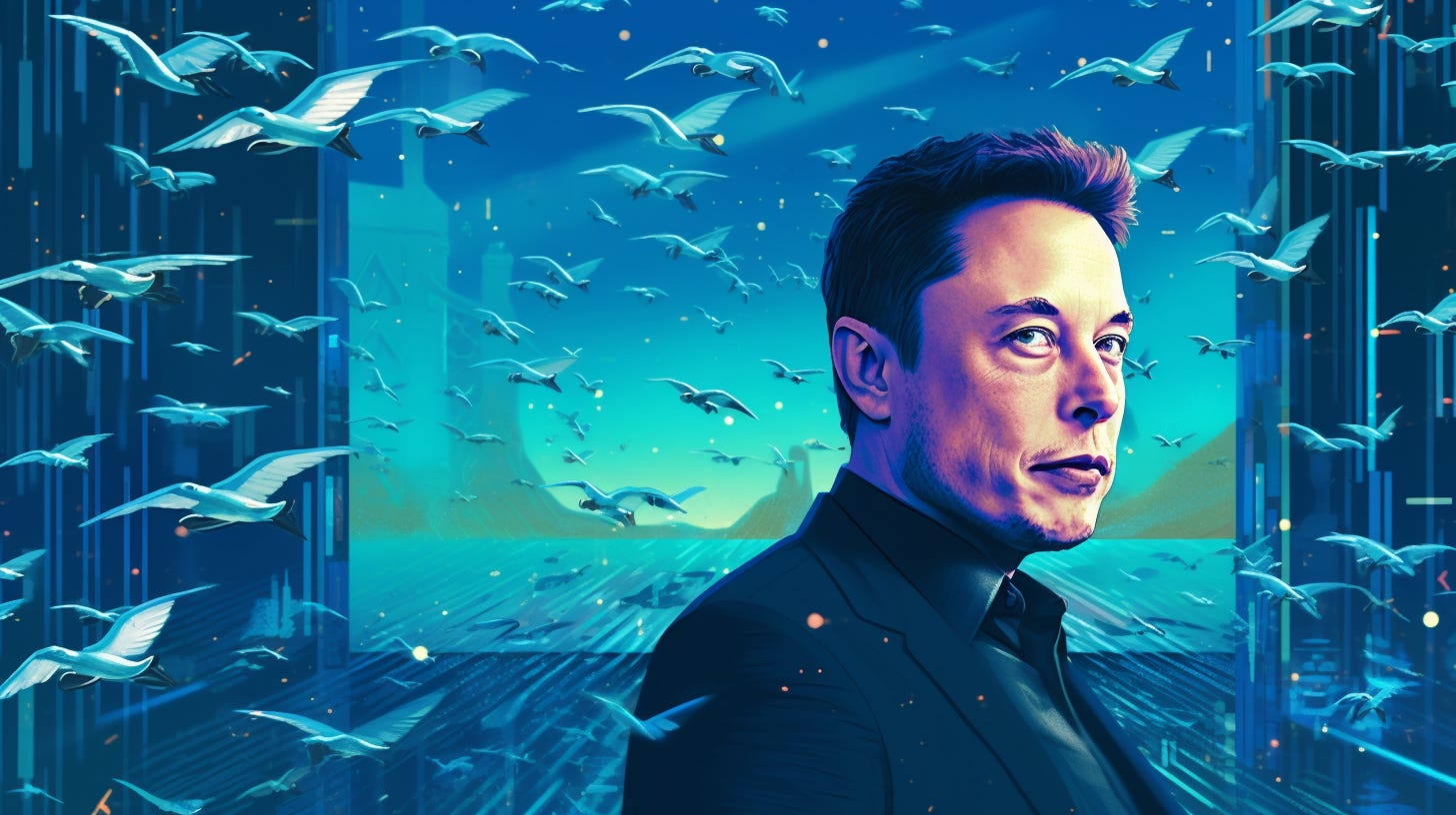 Illustration of Elon Musk surrounded by flying birds.