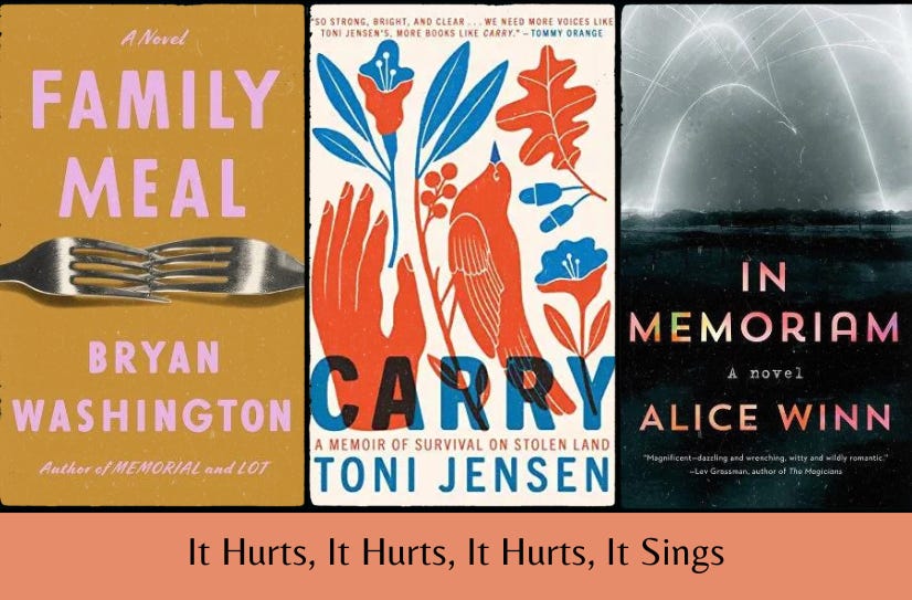 Small cover images of the three listed books above the text ‘It Hurts, It Hurts, it Hurts, It Sings’ on a pink background.