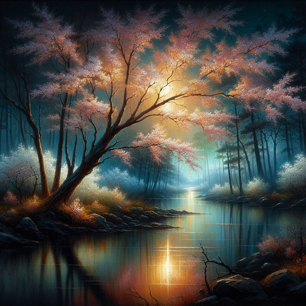 AI generated painterly image of a tree by a stream dramatically illuminated by moonlight