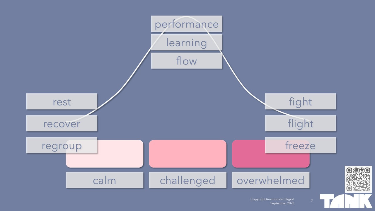 Line chart showing the Yerkes-Dodson law, in which optimal performance, learning and flow are associated with an optimal stress level, “challenged”, while both too much stress (“overwhelmed”) and too little stress (“calm”) produce lower performance.