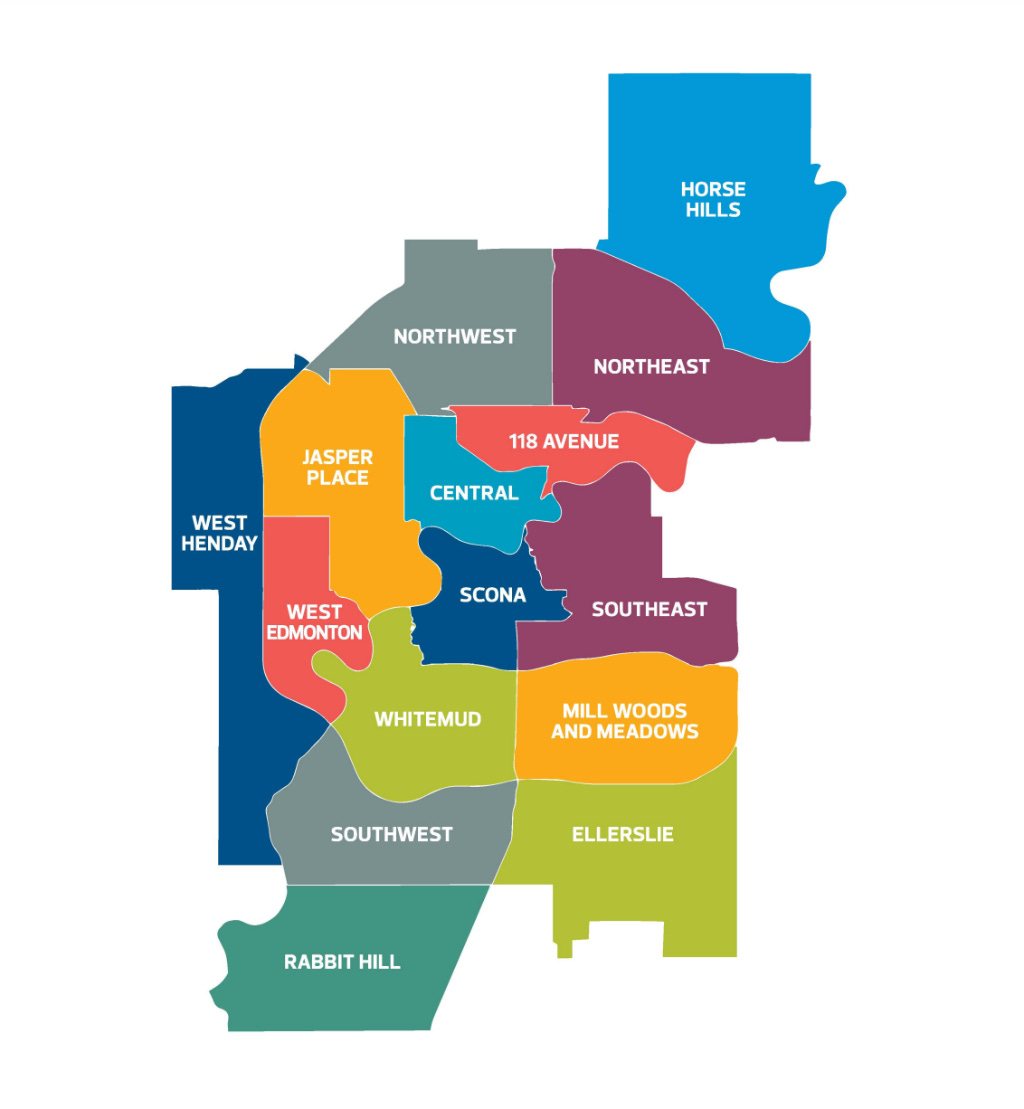 A map of Edmonton's 15 districts, as laid out in the City Plan