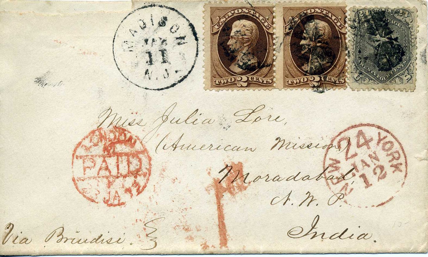 1873 letter from US to India "via Brindisi"