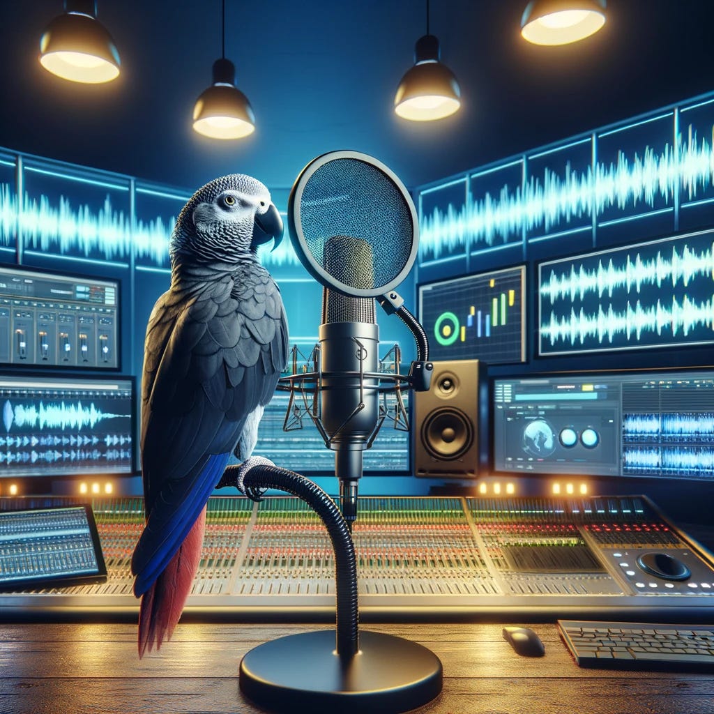A parrot perched on a microphone, in a high-tech recording studio filled with screens displaying sound waves and open-source software. The studio has a modern look with LED lights and soundproof panels. The image captures the theme of voice cloning in an innovative and creative environment, emphasizing technology and audio excellence.