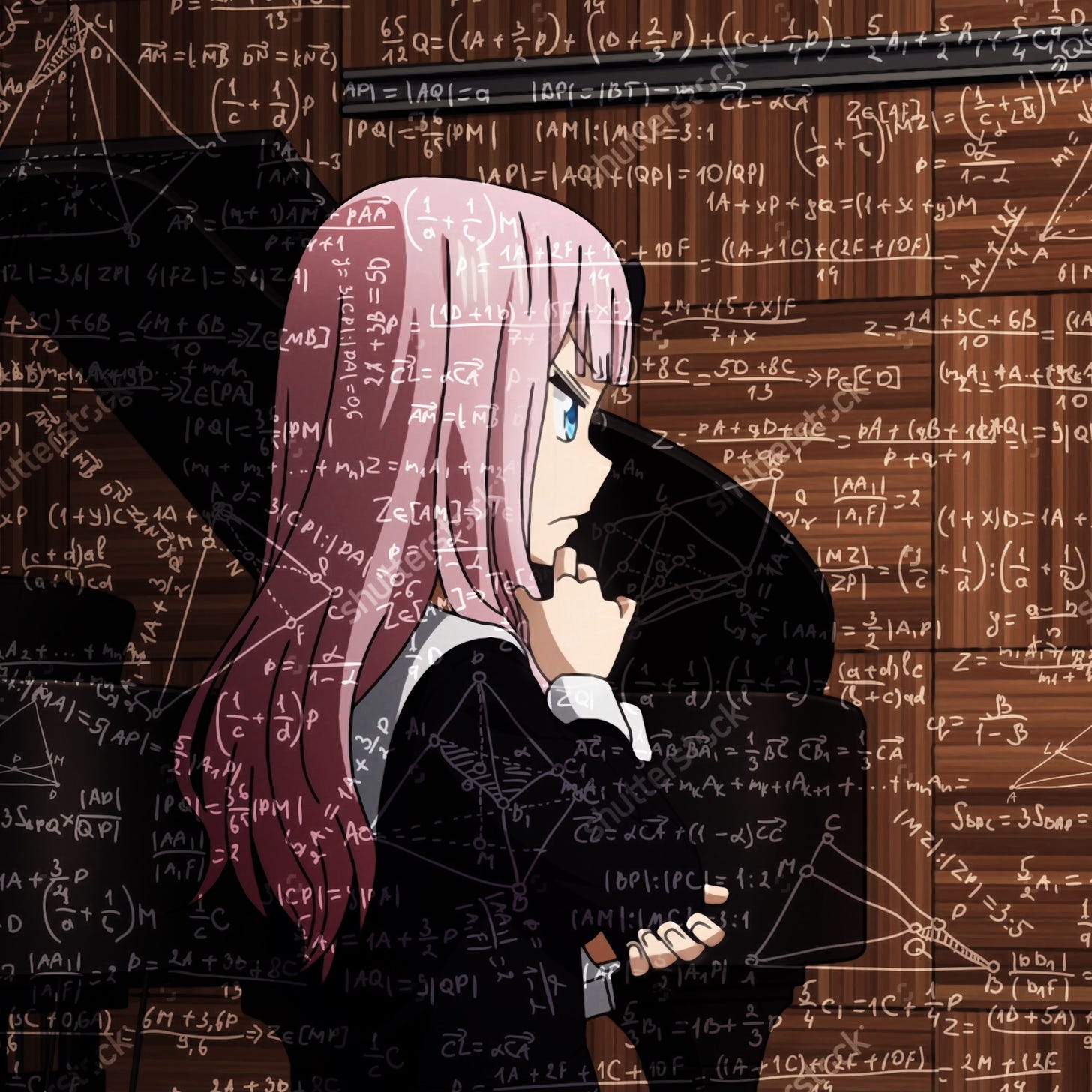 Chika Fujiwara thinking with math equations in the background