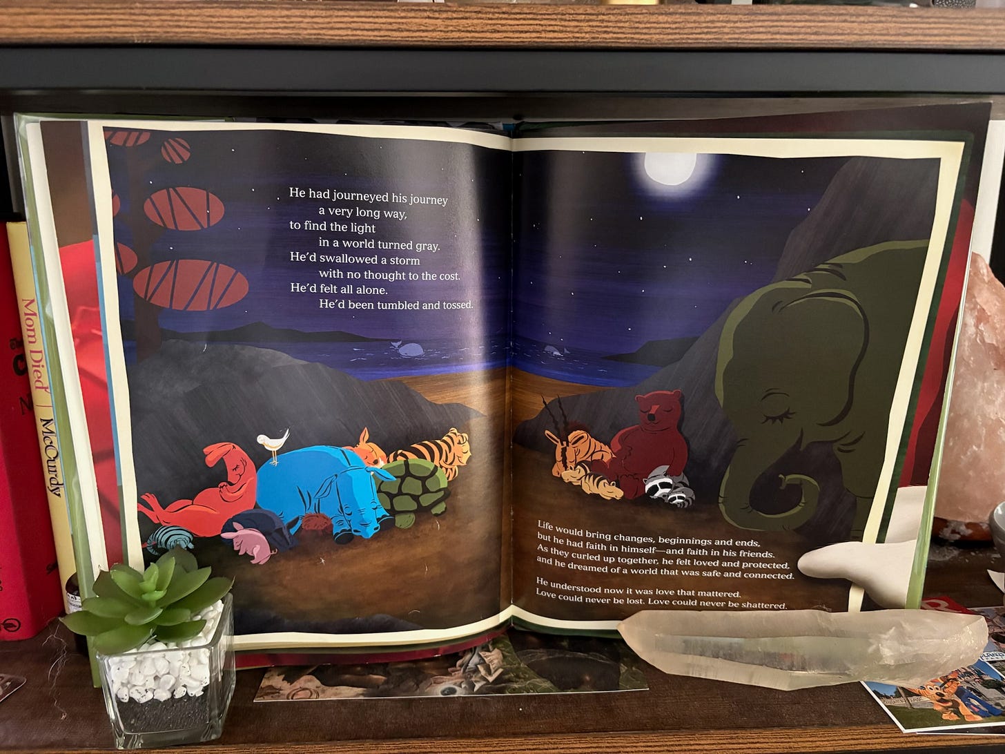 Little Rhinocerous and friends sleep peacefully under the moonlit sky after a successful journey