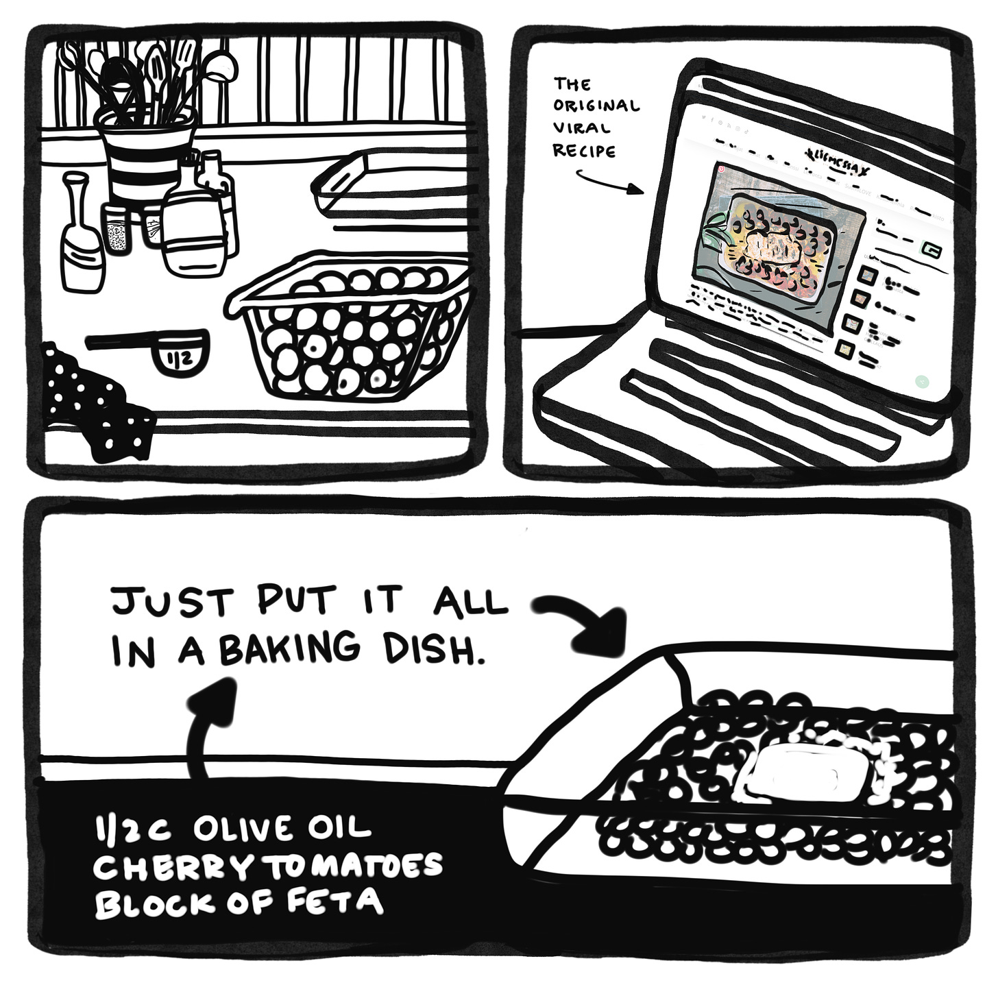 Panels 5-7 of a graphic novel set showing the making of Baked Feta Pasta