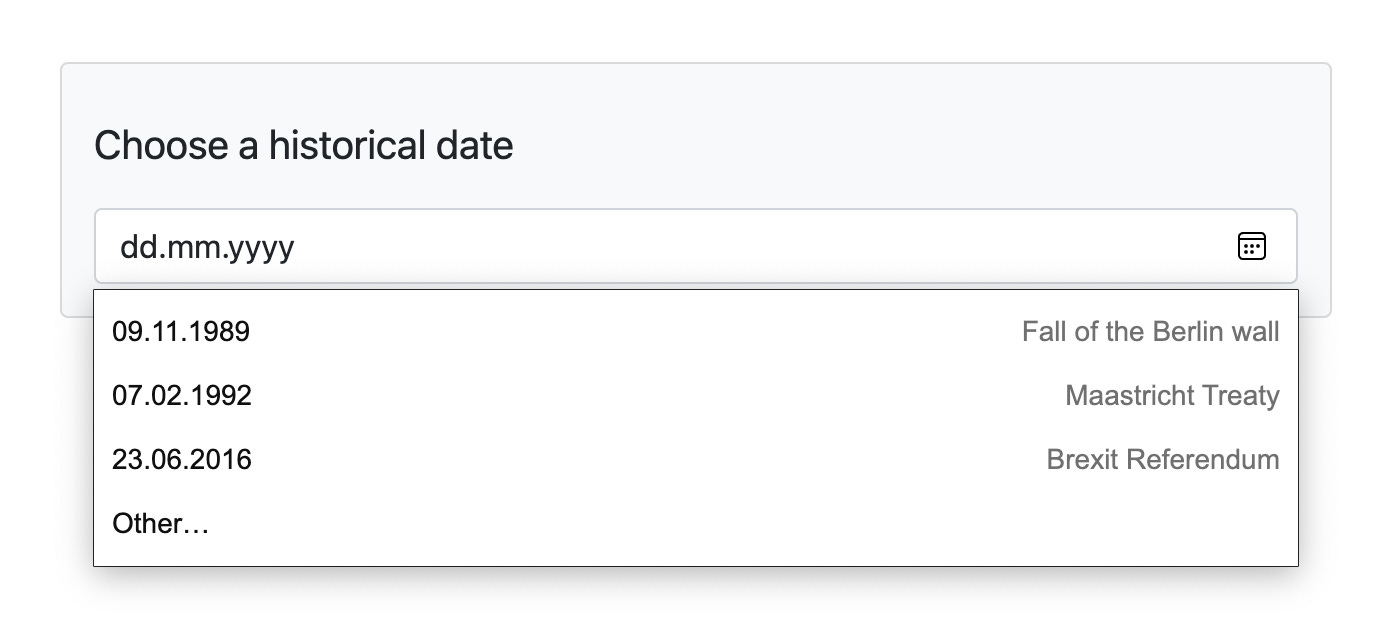 Screenshot of a datalist used with a datetime input, showing suggestions for dates such as the fall of Berlin Wall and so on