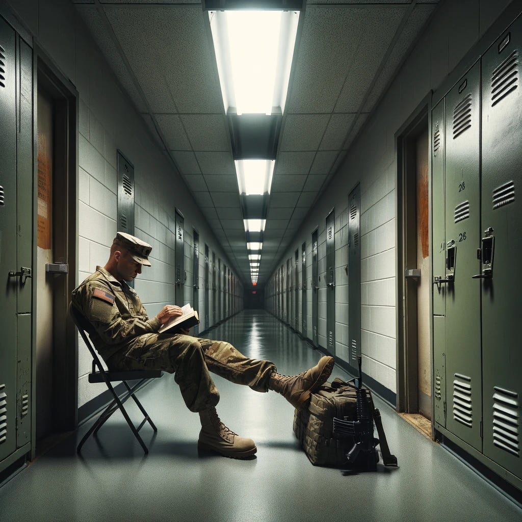 In a long, institutional-looking hallway reminiscent of military barracks, a soldier sits in a simple metal folding chair, deeply engrossed in reading a book. The hallway has a stark, utilitarian appearance with plain walls painted in a muted color and a floor of hard-wearing material. Fluorescent lights cast a bright yet harsh light across the scene. The soldier is dressed in a multicam uniform featuring shades of green and brown, symbolizing his readiness and connection to the military environment. Unlike the previous scene, the soldier's rifle is notably absent, emphasizing a moment of peace and personal time amidst the rigors of military life.