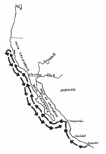 Mapa de la ruta marítima d'exploració de Sebastián Vizcaíno, prèvia a la de Gaspar de Portolà.
