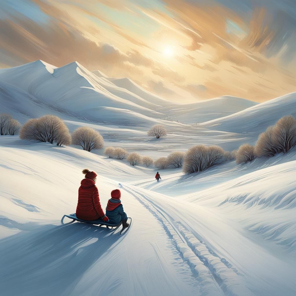 Landscape view of a mother watching young son sledding down a small hill in a windy wide open empty snow-covered field i...