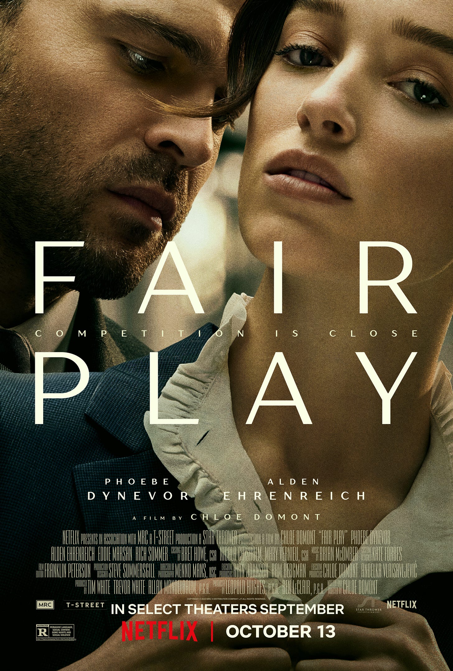 The poster for Fair Play showing Emily looking out of the poster and Luke looking down at her