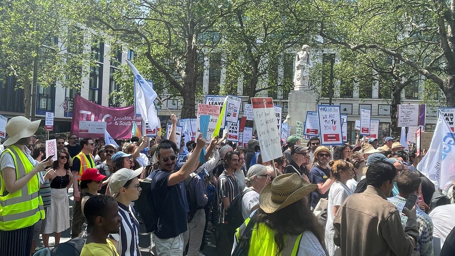 A June 2023 show of support for the WGA strike, organized in London by the Writers' Guild of Great Britain (WGGB) on a “Global Day of Solidarity” that used the moniker and hashtag Screenwriters Everywhere.
