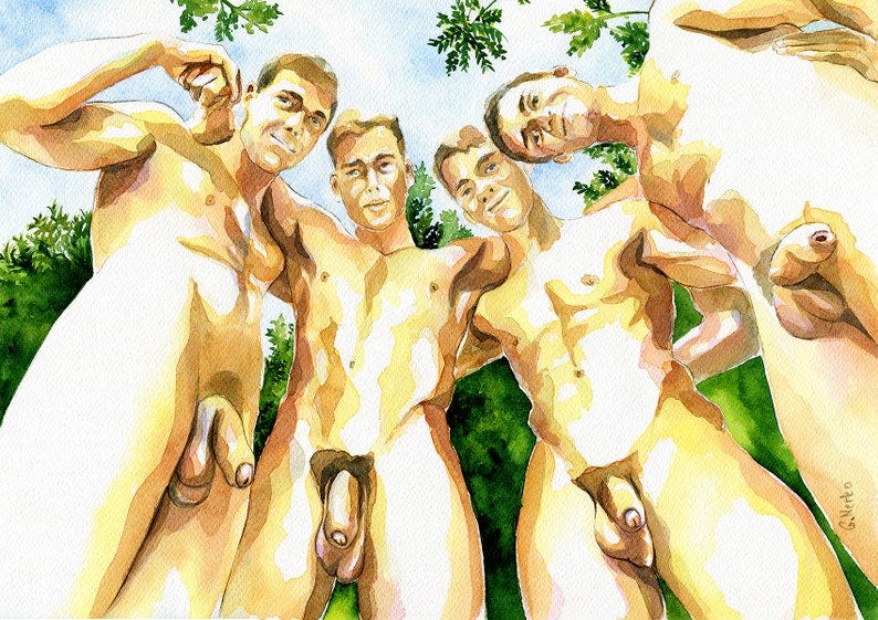 PRINT Original Art Work Watercolor Painting Gay Male Nude In a forest image 1