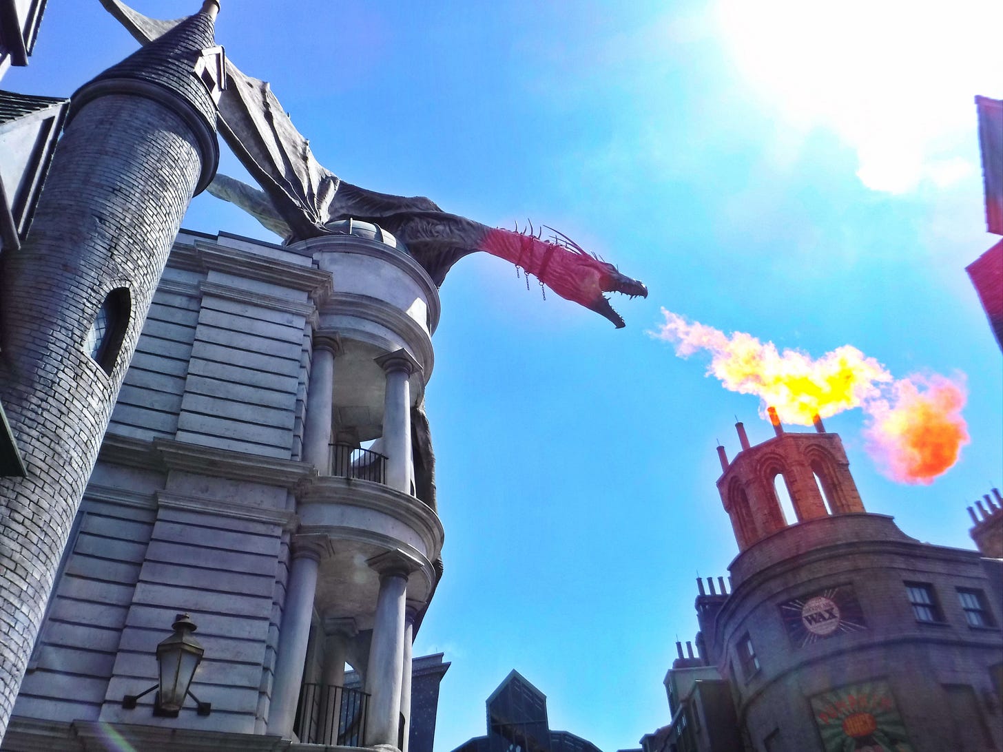Dragon breathing fire in Diagon Alley, Universal Orlando